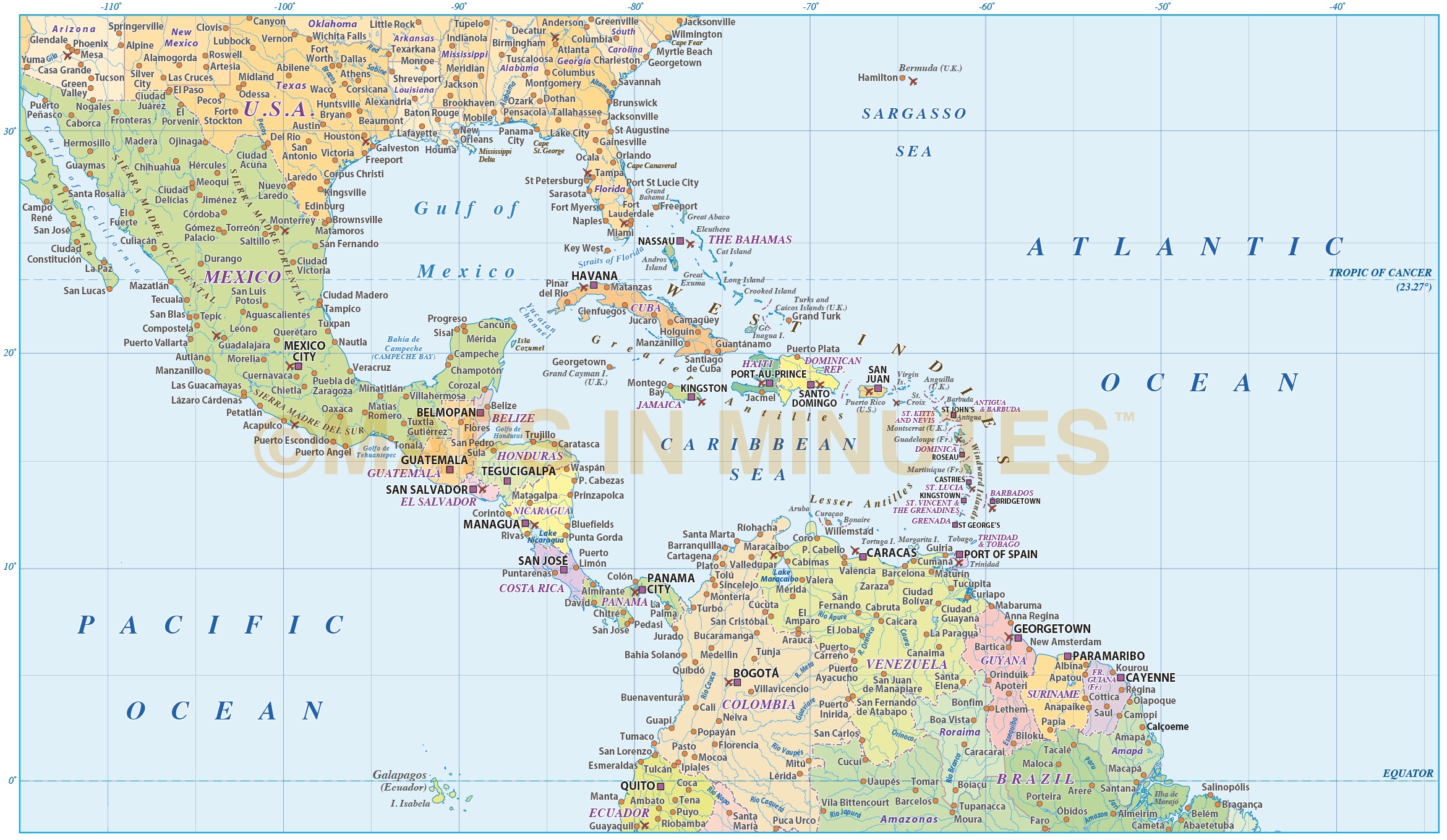 Digital Vector Central America Caribbean Political Map 10m