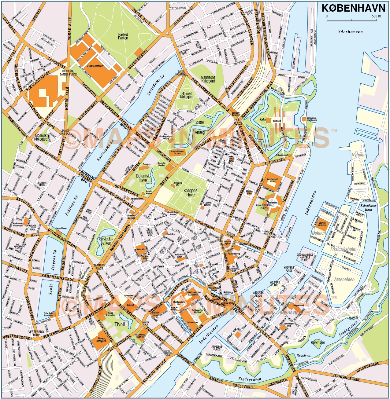 Vector Copenhagen (København) city map in Illustrator and PDF digital ...