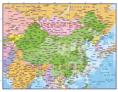 Digital vector China Political Country Map, first level @10,000,000 scale in Illustrator layered ...