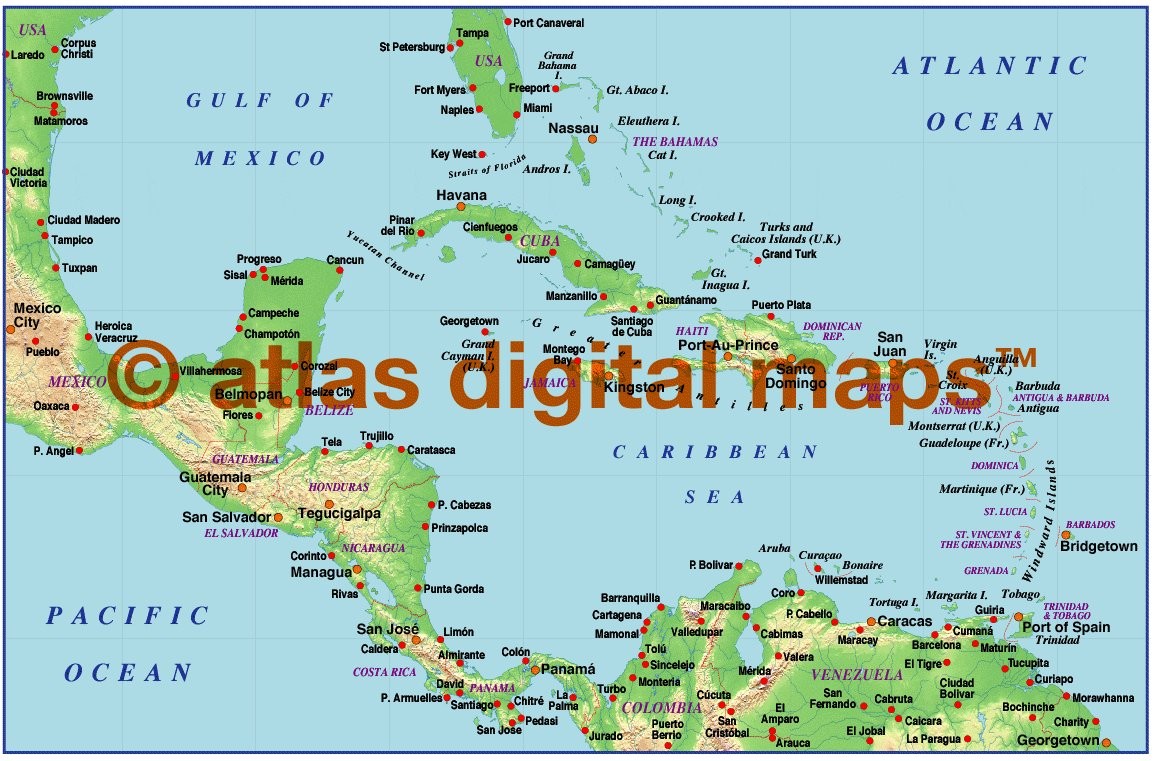 Caribbean small scale light colour Relief map