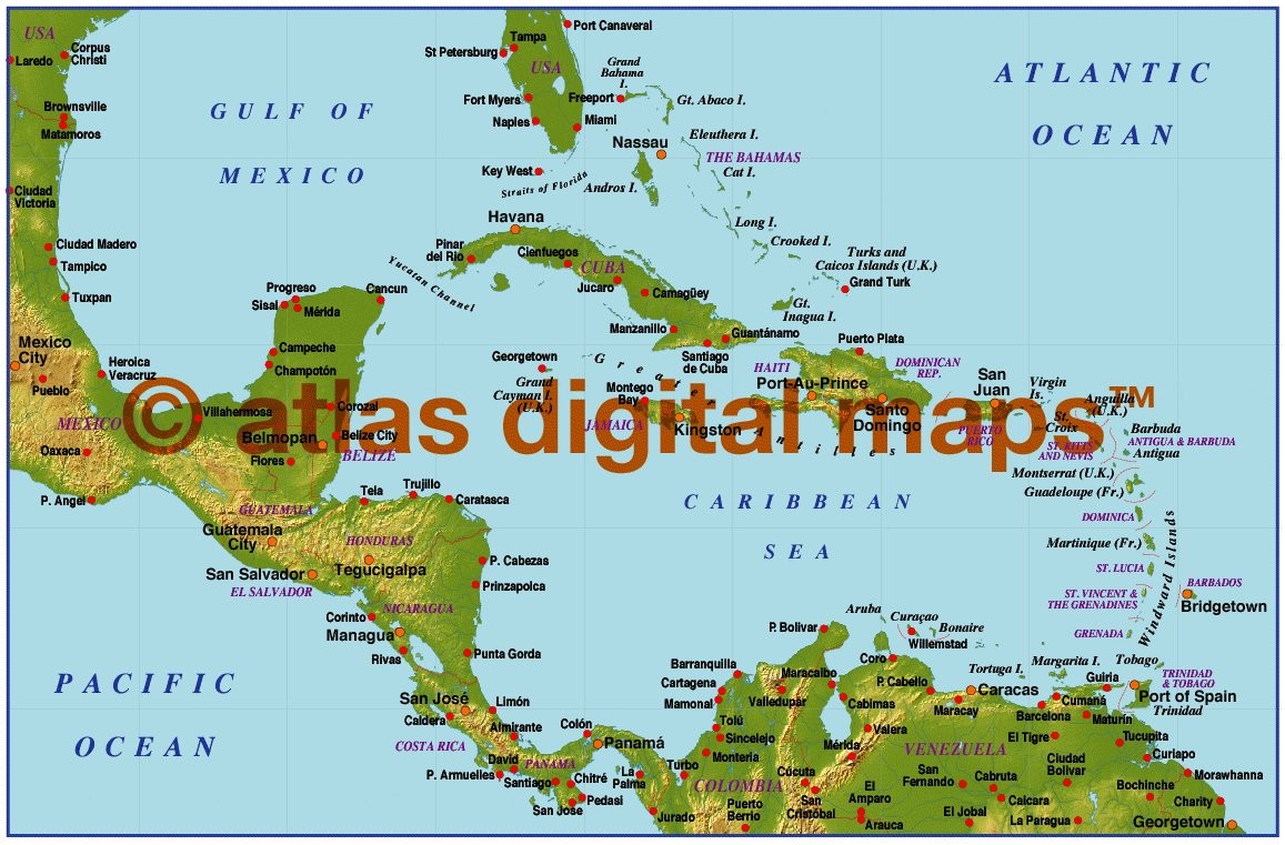 Caribbean small scale medium colour Relief map C America Relief maps