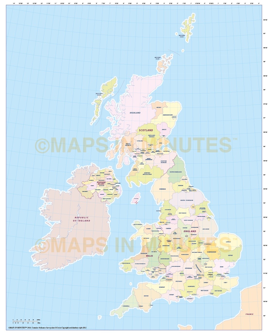 Digital UK Simple County Administrative map @5,000,000 scale. Royalty