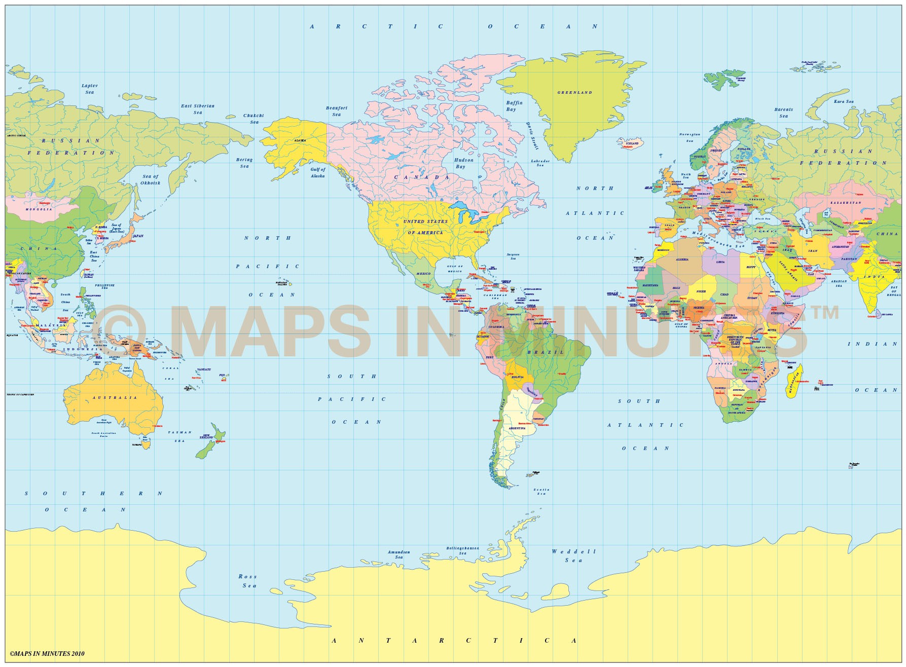 Vector world map, Miller Projection Political map small scale US centric in Illustrator format
