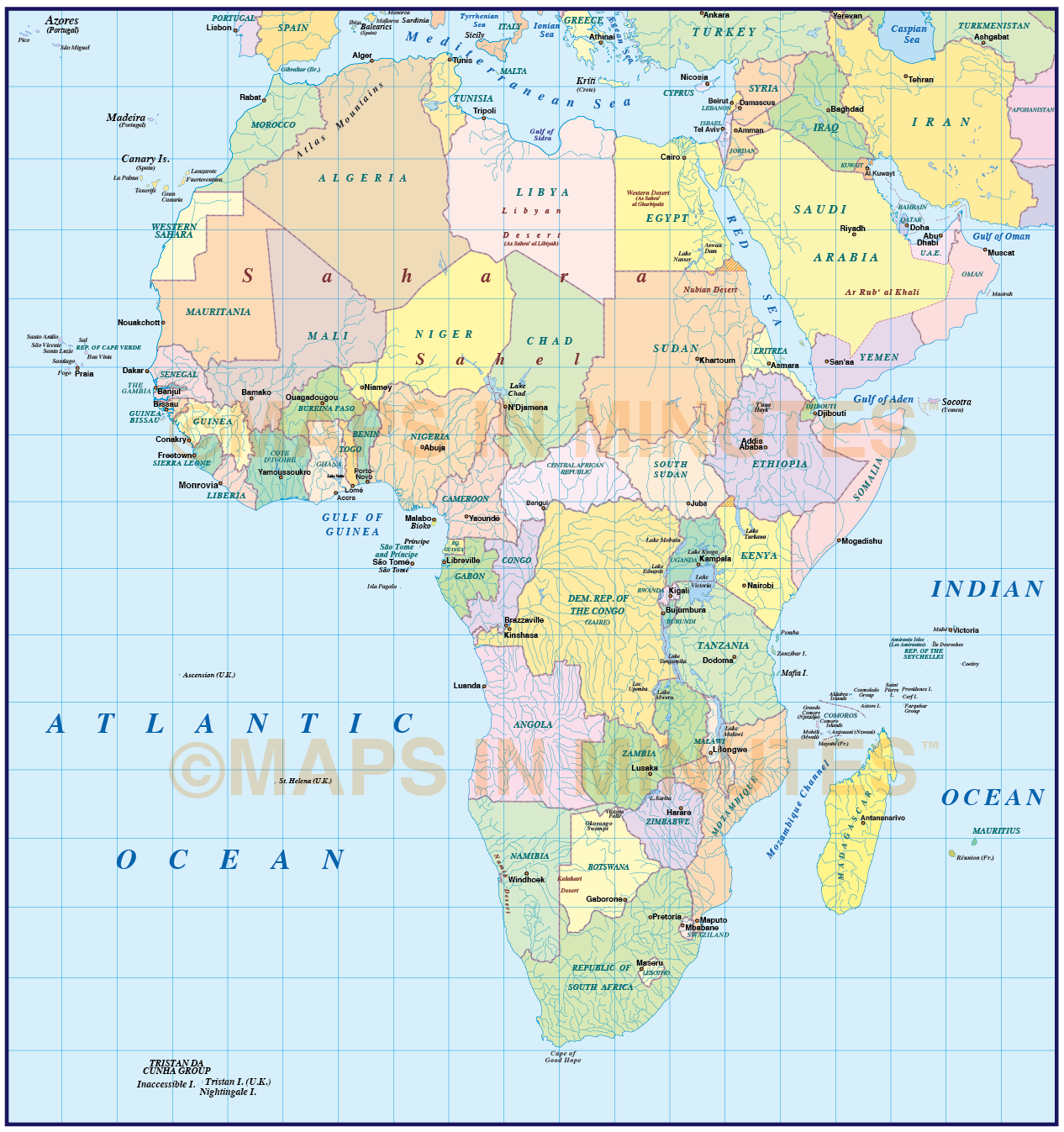 Африка по отношению 0 и 180 долготы. Карта Африки с широтой и долготой. Карта Африки с широтами. Карта Африки с параллелями. Политическая карта Африки.