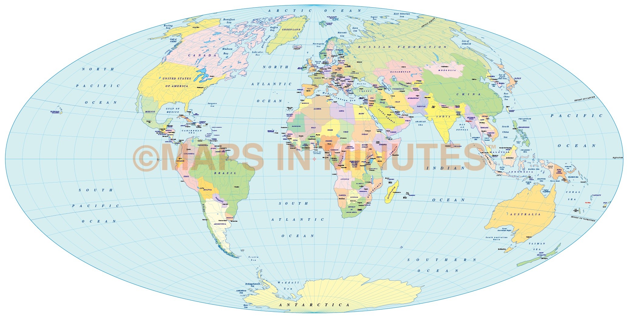 Vector Political World Map Aitoff Projection UK Centric In