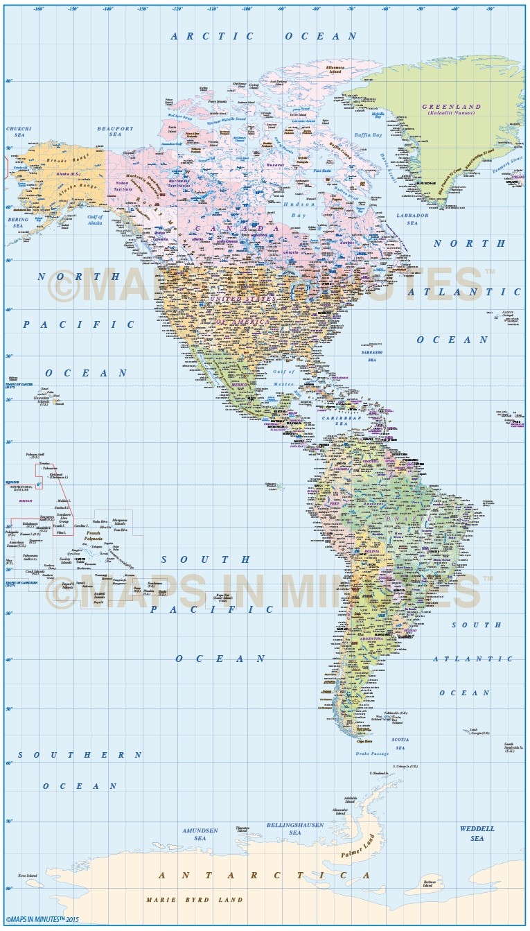 Digital vector North and South America Political map 10,000,000 scale