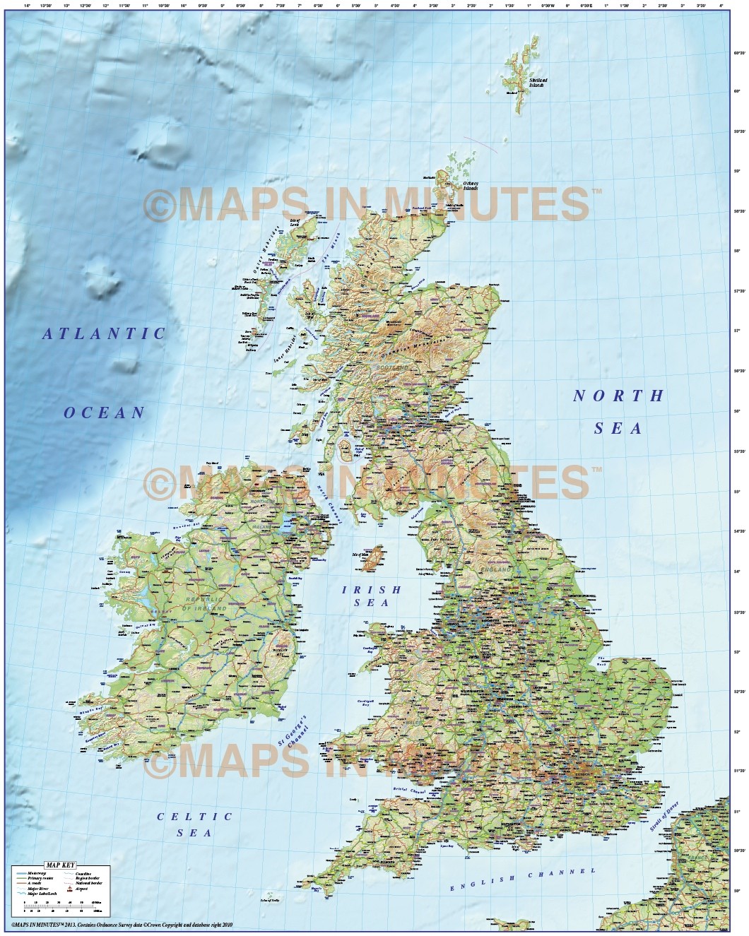 5m Scale British Isles County Road Map With 3 Relief Colour
