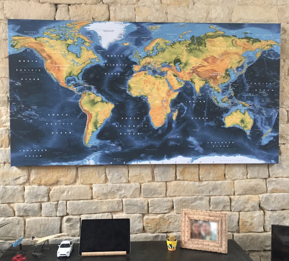 Dark Navy Style Framed Canvas Physical Relief World Map Large
