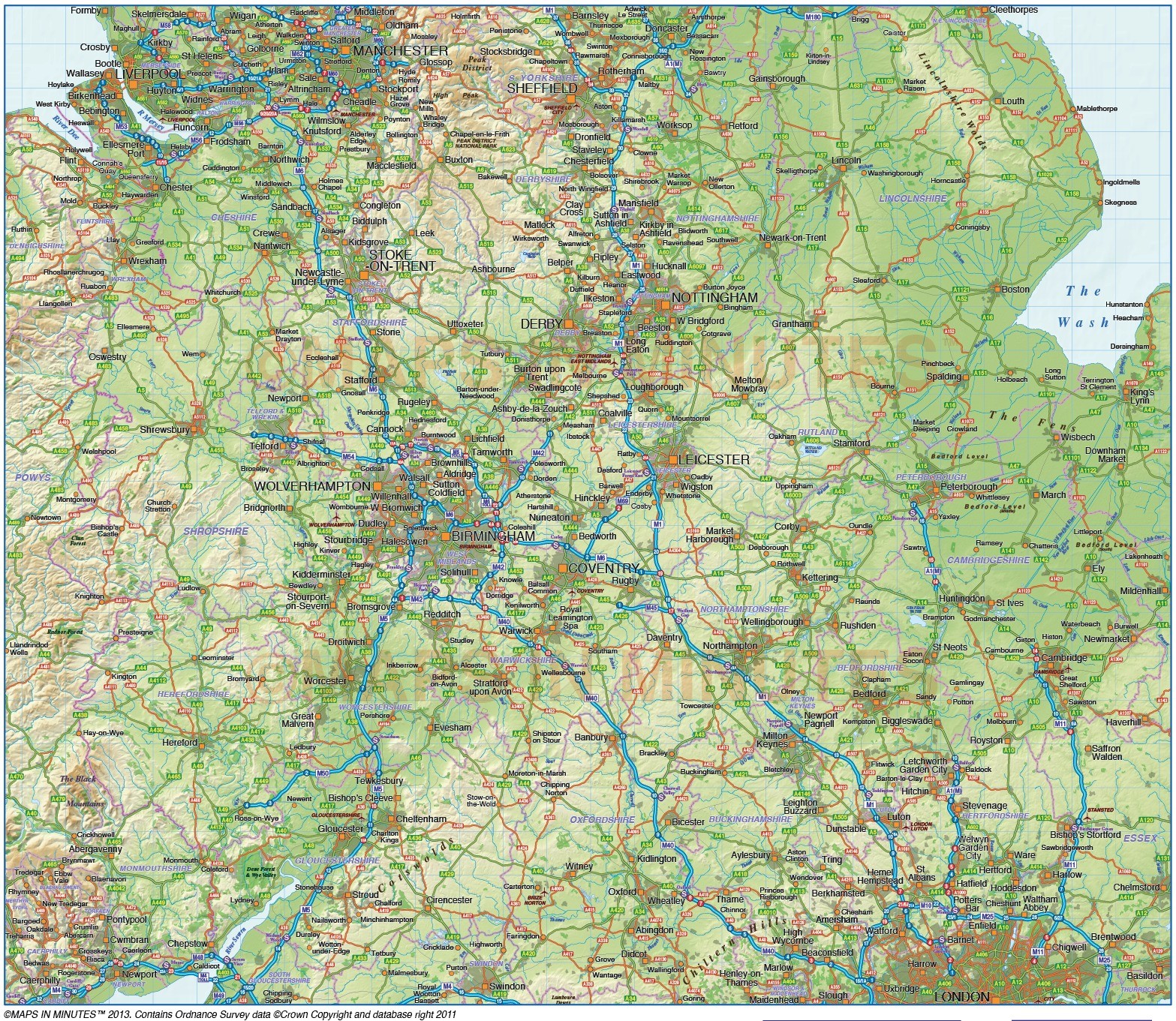 Central england county road and rail map with regular colour relief