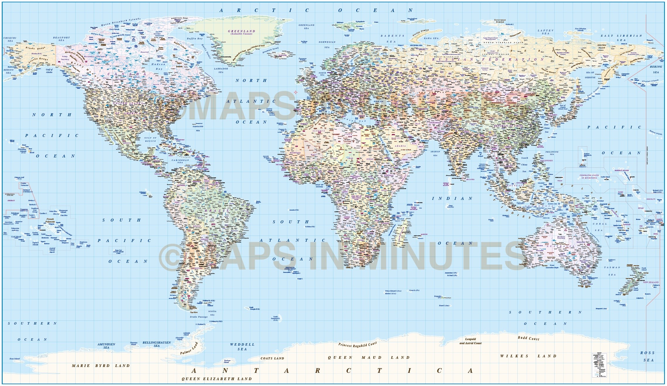 Digital Vector World Map Equirectangular Projection World