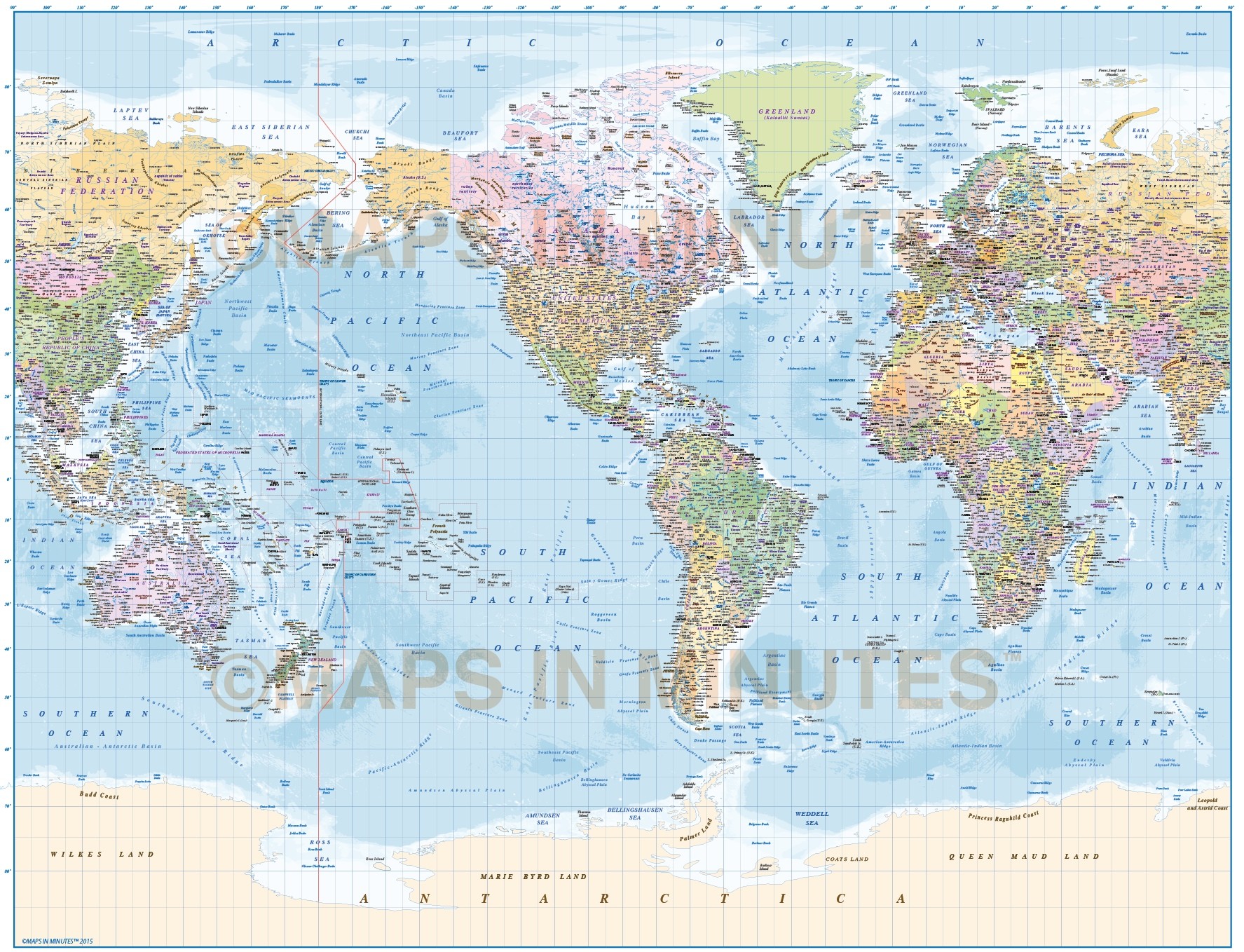 Vector World Map America Centric Political Gall Projection With