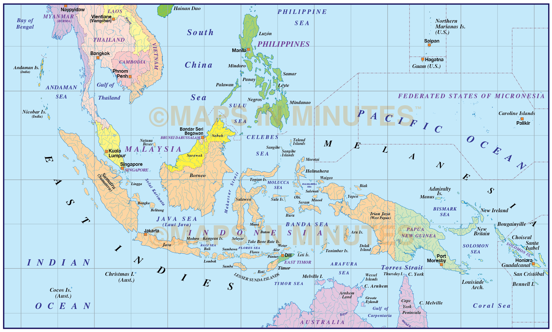 Malaysia/Indonesia Simple Political Map @10M scale in ...