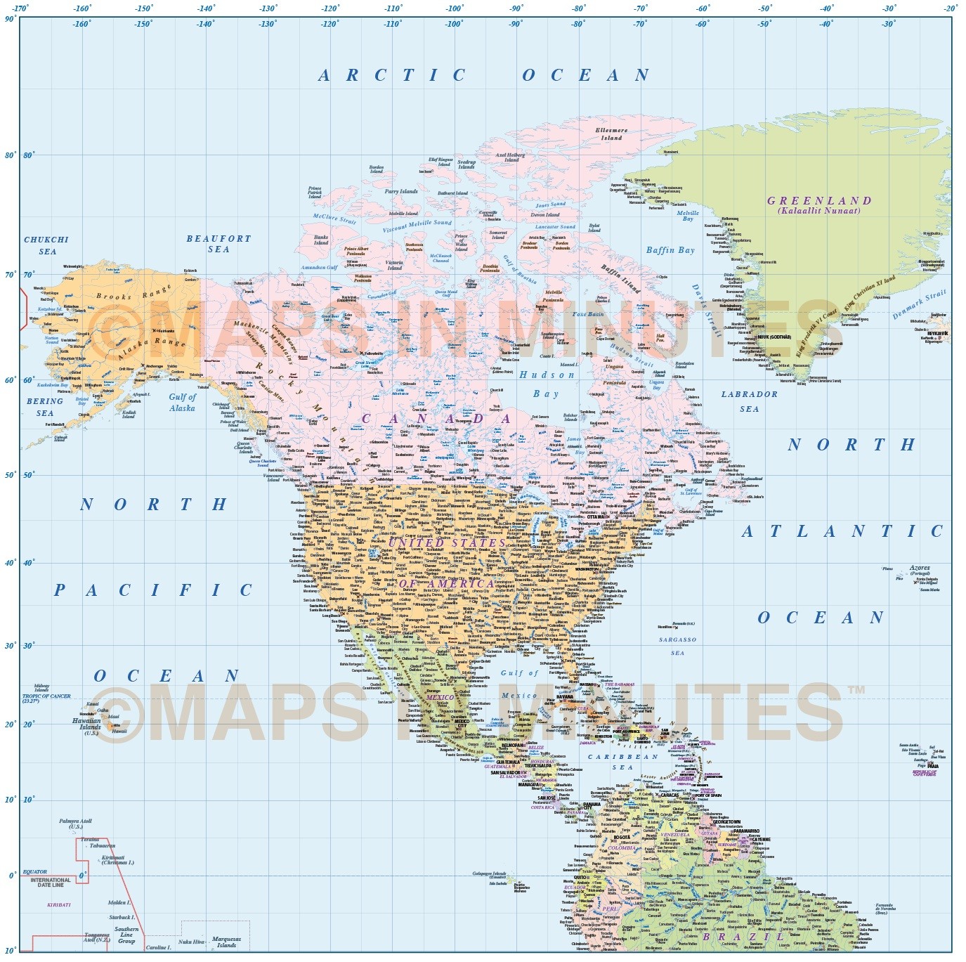 North America Countries Map With Ocean Floor Contours 10 Scale