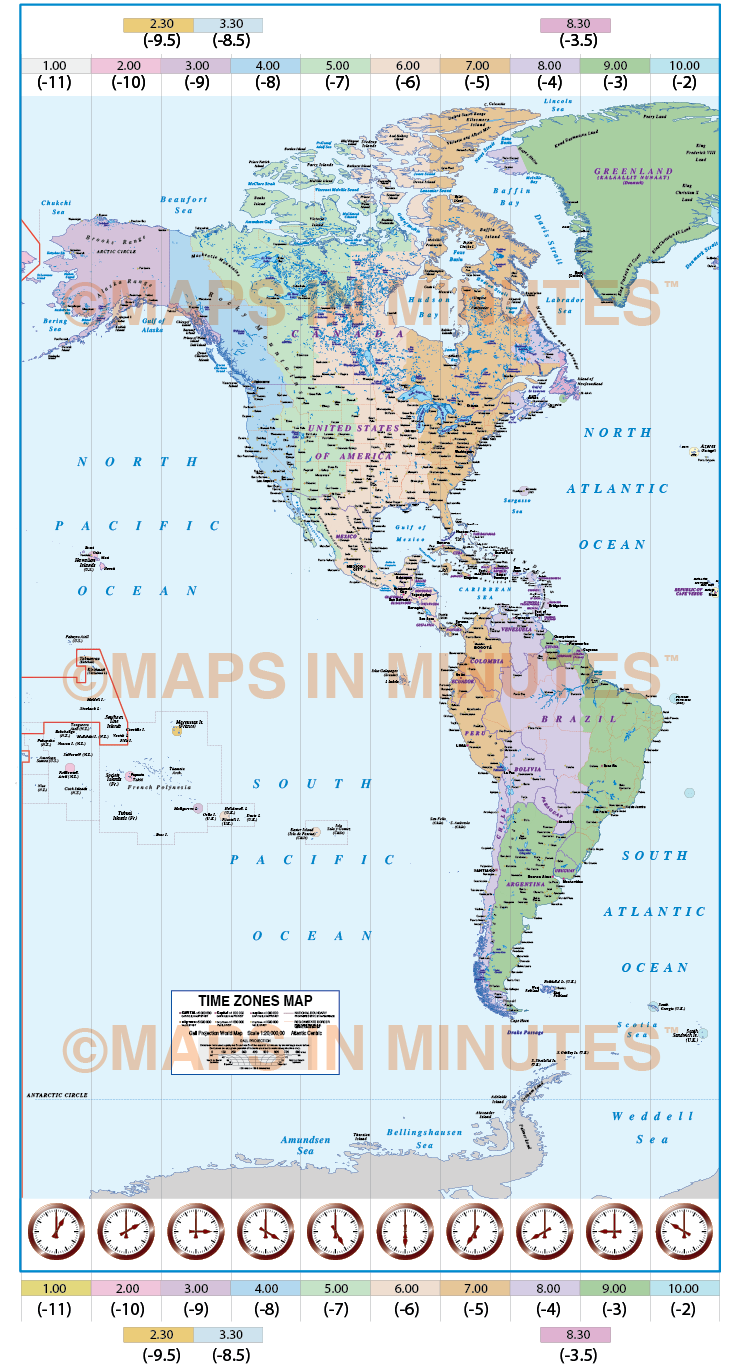 North and South America Time Zones Map in illustrator AI CS vector