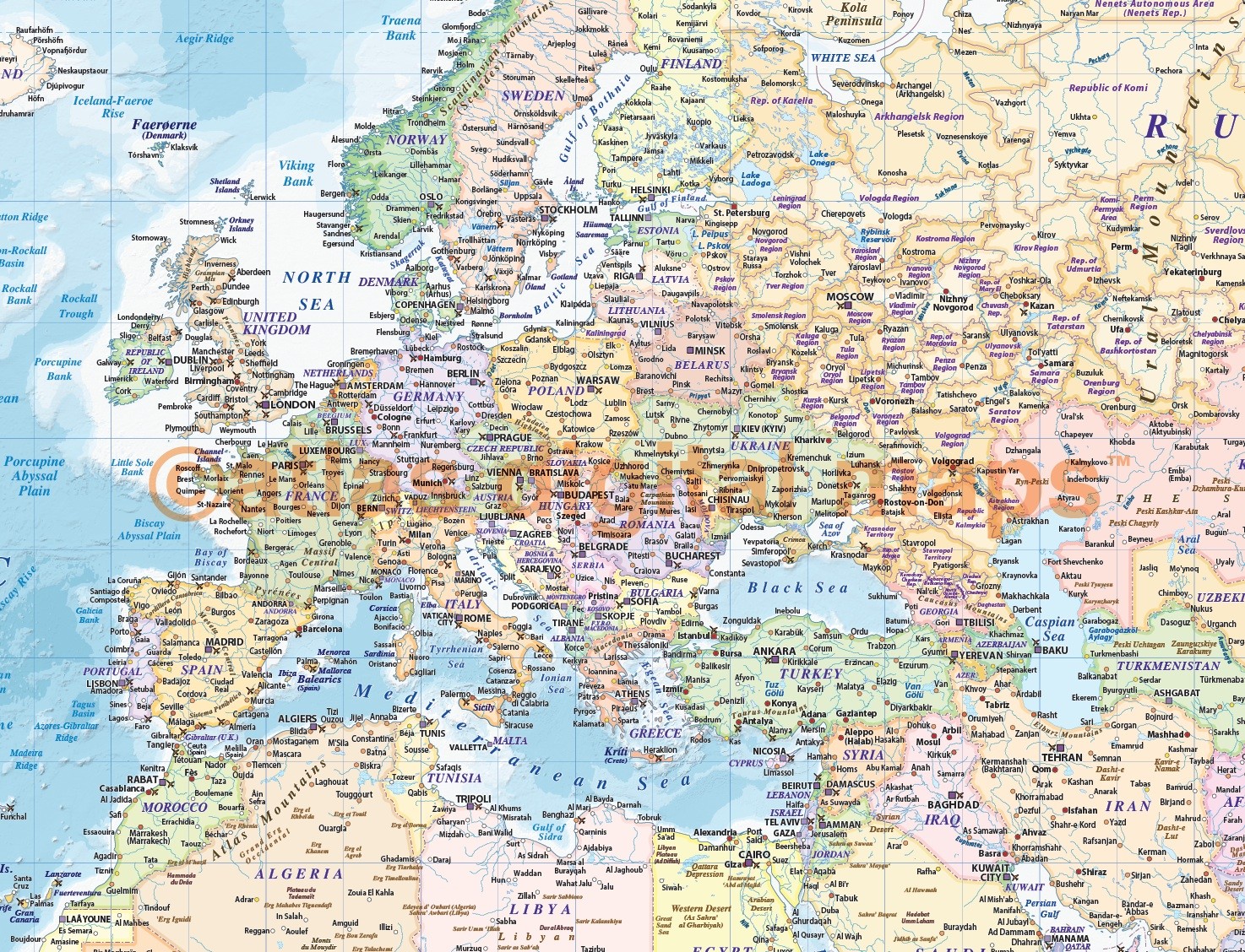 Framed CANVAS World Wall Map Political & Ocean Contour