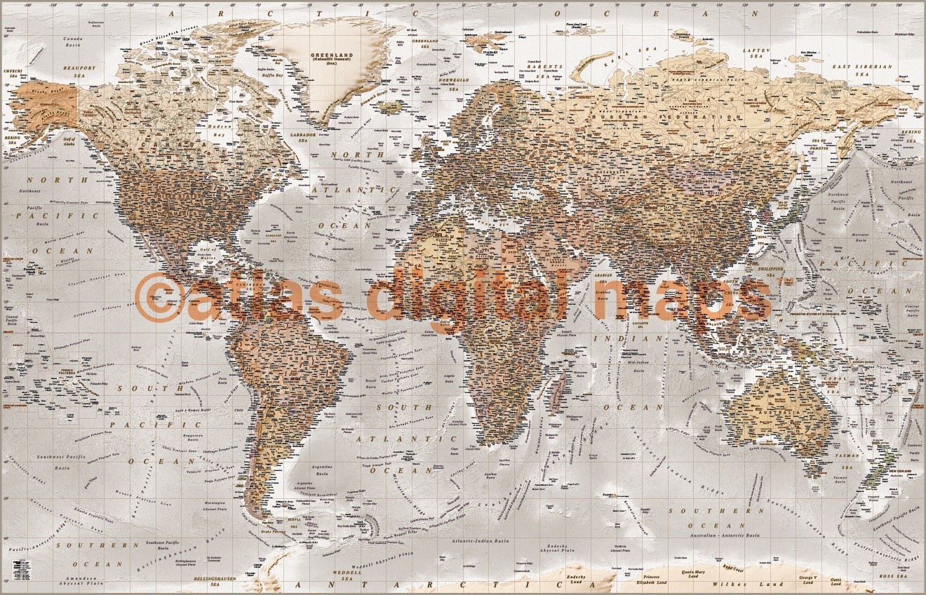 Push Pin World Map Canvas Neutral Stone Grey Detailed Canvas With