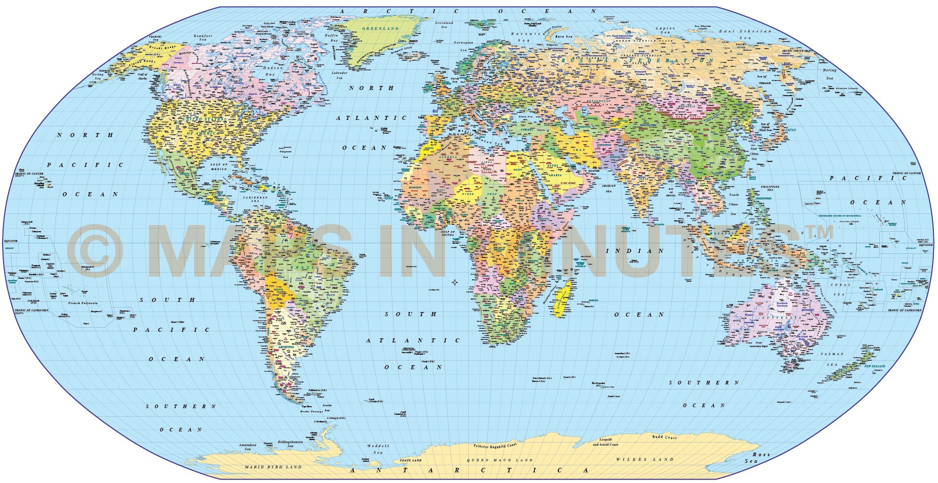 Digital Vector World Map Robinson Projection Political