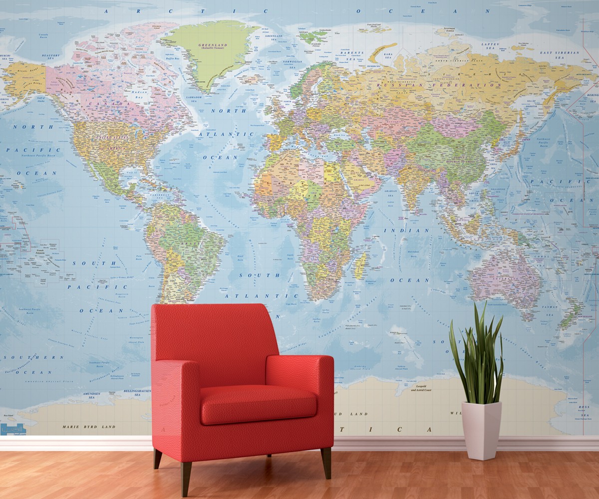World Political With Ocean Floor Contours Style Map 4 Piece Large