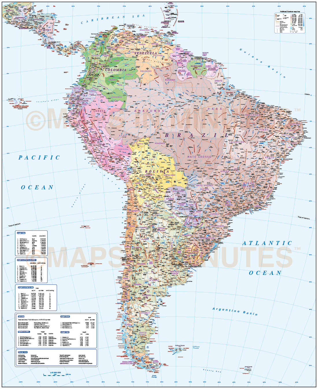 Digital vector South America map. Deluxe Political Road & Rail Map with