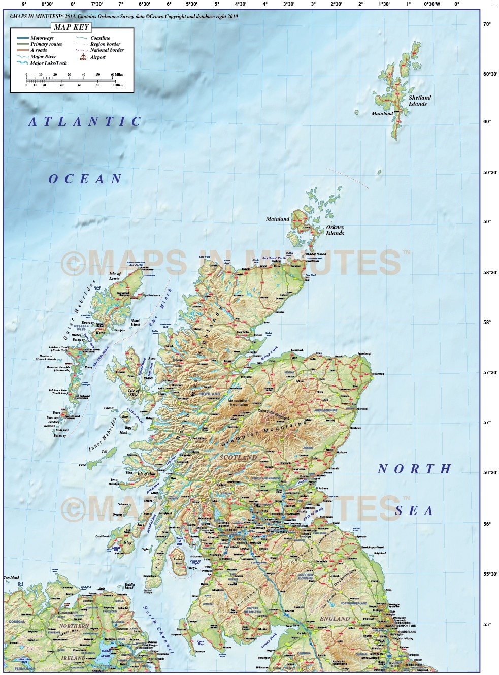 Vector Scotland Regions Road Map with high resolution Regular relief ...