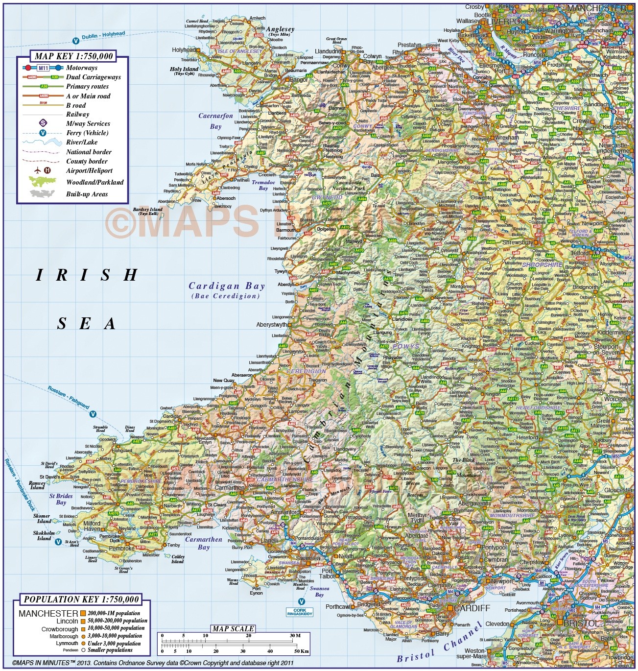 Digital vector Wales county road rail plus shaded relief ...