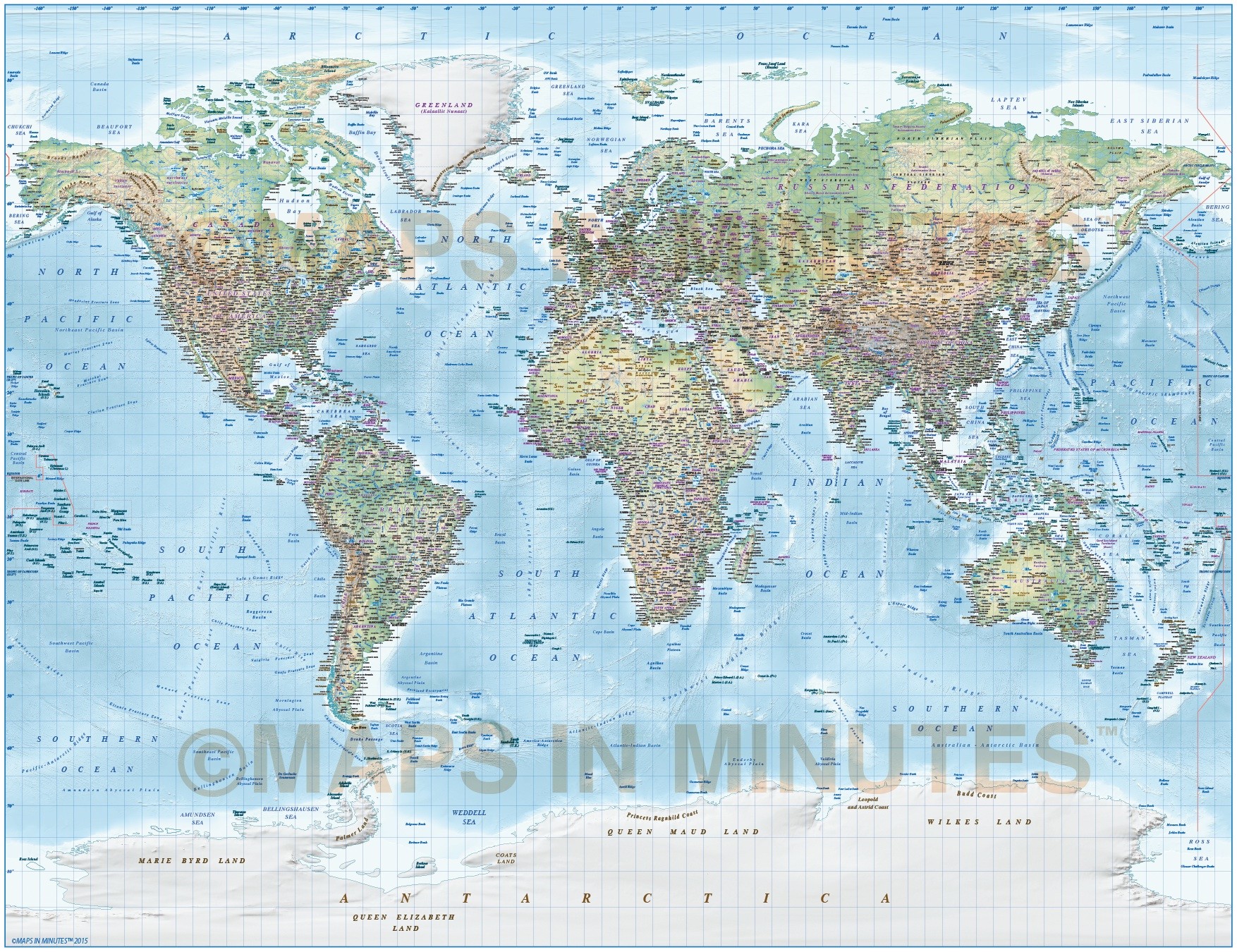 Digital vector World relief map, Political World map with relief, terrain for land and ocean 