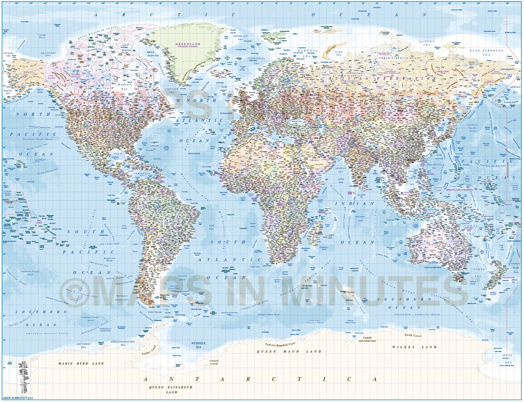 Digital vector World map with ocean floor contours and country insets ...