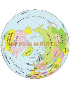 Digital vector Globe Political World Map, North Pole (Arctic) centric Globe 90N 0E