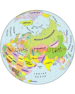 Digital vector Globe Political World Map, Kazakhstan Centric, 50N 60E