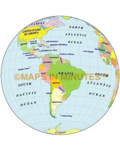 Digital Vector Globe Political World Map, Brazil centric, 10S 60W