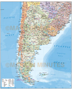 Digital vector Argentina map, Deluxe Political Road & Rail Map showing first level fills, roads & sea floor contours.