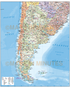 Digital vector Argentina map. Argentina Deluxe Political Map with Road & Rail plus land and sea contours. This shows the first level division layers and sea floor contours