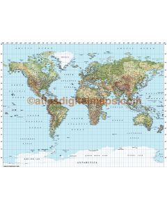 Gall World Political Relief Map in Medium colours