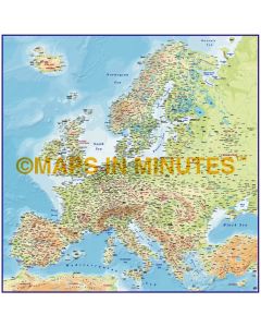 Europe 4M scale Regular Contour Colour Relief Map with Roads