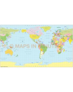 Buy Digital World Political Map with Countries, Equirectangular projection, America-centric, A4, Illustrator format online