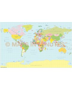 Digital Political World Map with Countries, Capital Cities and water features, Braun Projection World Map, Europe-centric