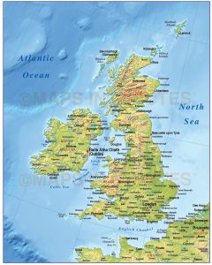 Vector British Isles UK map, Basic Country with medium relief @4,000,000 scale. Royalty free, Illustrator and pdf formats.