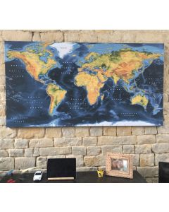 Dark style Framed Canvas Physical Relief World Map South America detail. Large size 72 inches wide x 38 inches deep