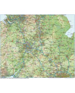 Central England County Road & Rail Map with Regular relief @1,000,000M scale