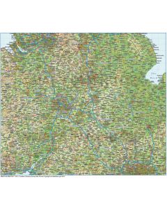 Digital vector map, Central England Political County Road & Rail Map with Regular relief @750,000 scale in illustrator format, relief layer on.