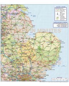 Vector East England County Road and Rail Map with the shaded relief layer on