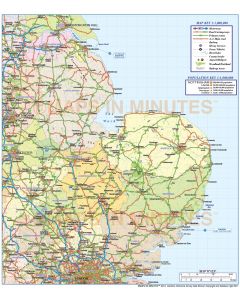 East England County Road and Rail Map @1,000,000 scale