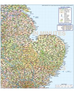 Vector digital East England 1st level County Political Road and Rail Map @750,000 scale