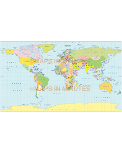 Vector world map, Equirectangular Projection. Regular colour country fills