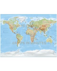 Digital vector World relief Map, Gall Projection in light colours (style 1), UK-centric, Political fills included