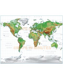 Digital vector World relief Map, Gall Projection in medium land colours, UK-centric,  royalty free in Iliustrator format.