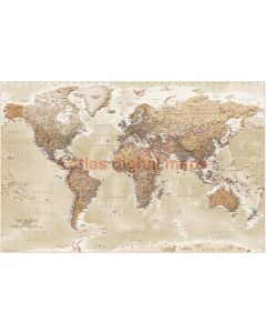 Framed CANVAS World Map Antique-style Sand - Physical & Political Size 60"w x 38"d