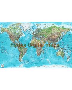 Push Pin World Travel Map Blue Canvas - Political and Relief style Green/Blue/Turquiose 90cm wide x 60cm deep. Canvas World Map stretched.