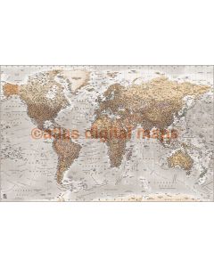 Push Pin World Map NEUTRAL Grey Stone Detailed Canvas - Physical & Political Standard Size 90x60cm Pinboard/Pushpin