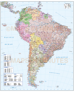 Vector South America map, showing Political to 1st level, road and rail, physical features with plain sea.